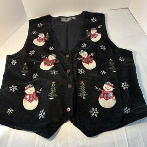 Rachel Brooke Black Velvet Snowman Christmas Vest Women's Festive Holiday‎ Fun